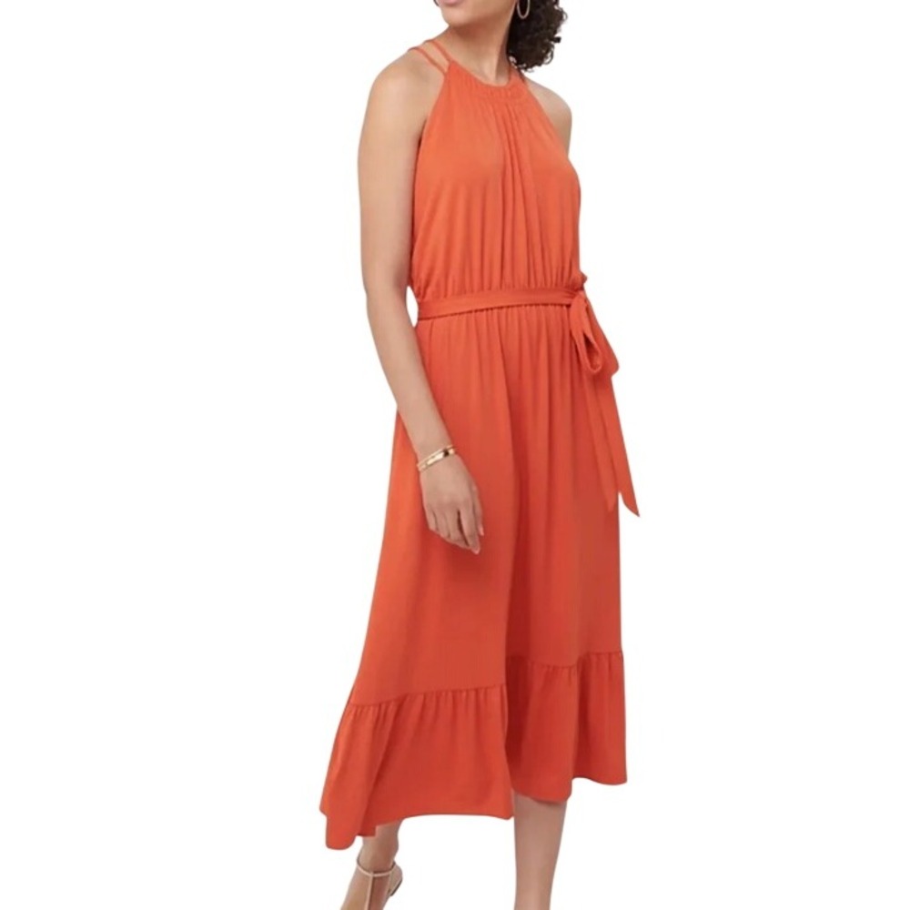 LOFT Womens XL Flounce Halter Midi Belted Dress in Glowing Ember NWT